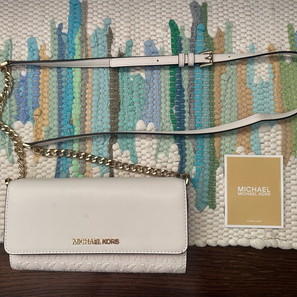 Michael Kors sling body wallet purse bag white & gold